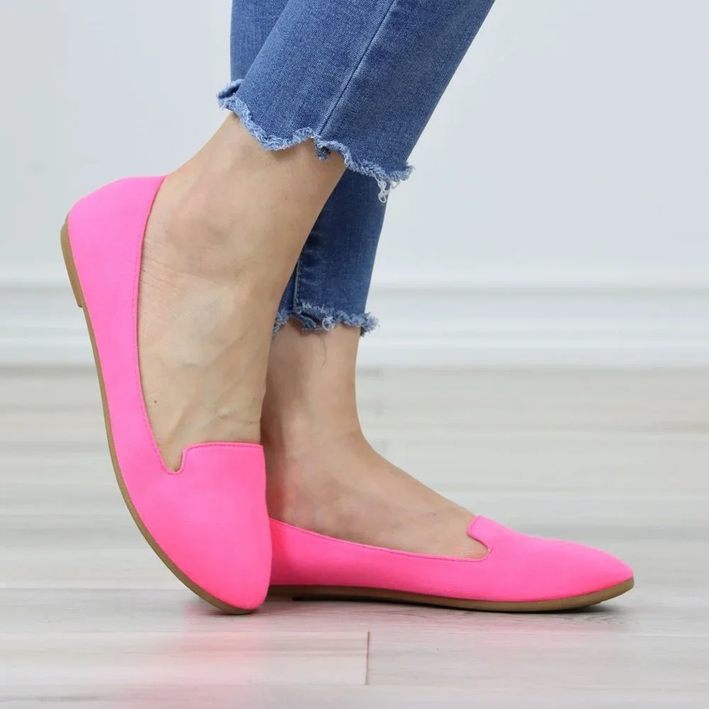 Neon Pink Faux Suede Rounded Toe Slip On Flat Shoes
